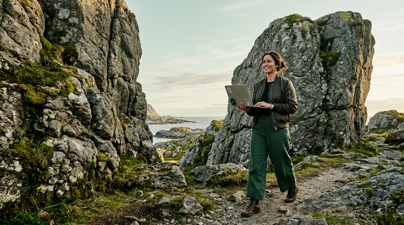 A Gneis strategist with a laptop striding between moss-covered gneiss rocks